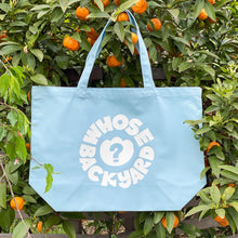 Load image into Gallery viewer, Sky Blue + White Whose Backyard Logo Canvas Tote Bag

