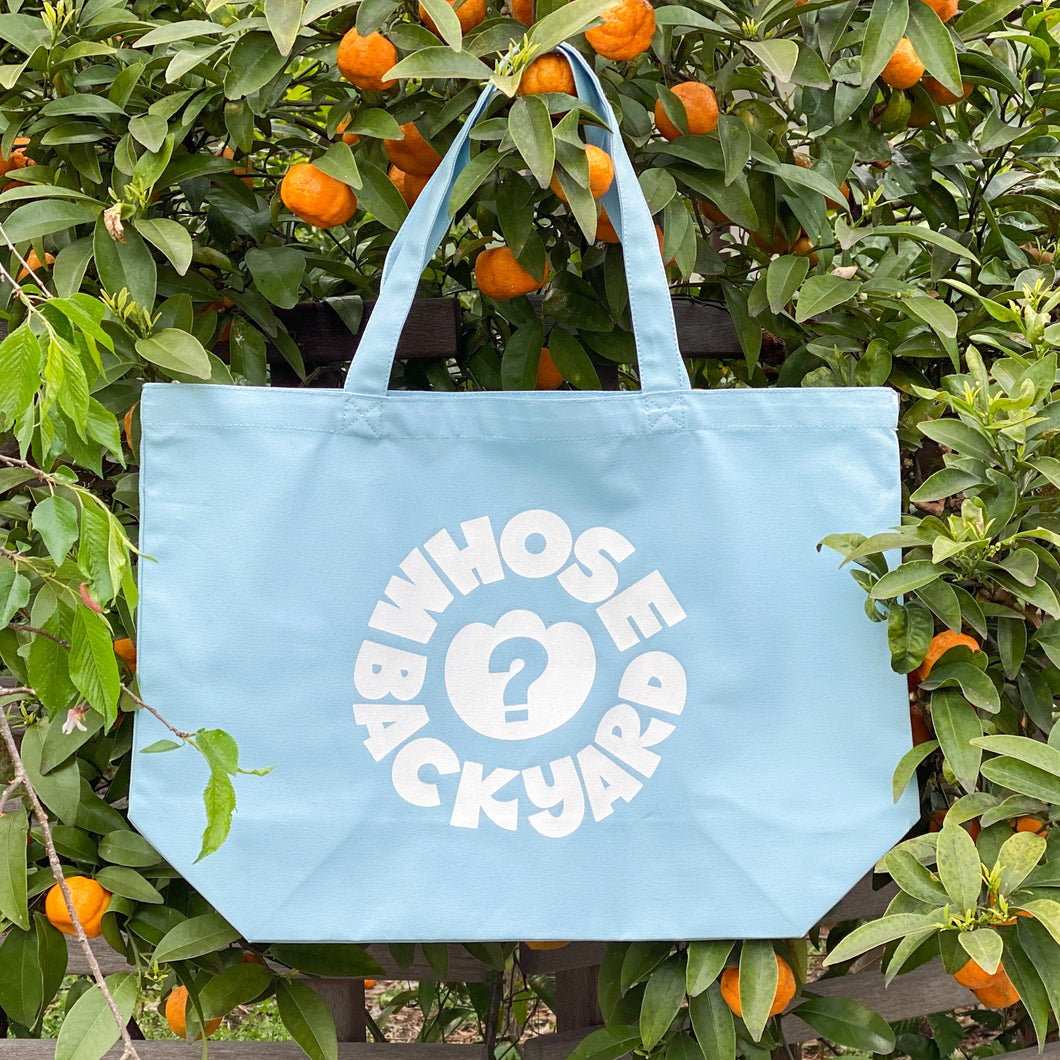 Sky Blue + White Whose Backyard Logo Canvas Tote Bag