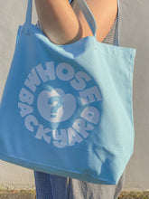 Load image into Gallery viewer, Sky Blue + White Whose Backyard Logo Canvas Tote Bag
