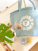 Load image into Gallery viewer, Sky Blue + White Whose Backyard Logo Canvas Tote Bag
