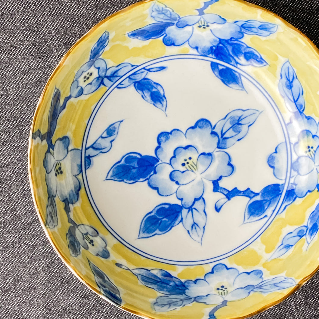 Yellow + Indigo Floral Mino Ware Japanese Vintage Plate